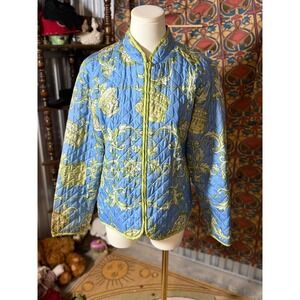 Silk Land Quilted Jacket Blue Green Baroque Print Zipper Pockets Light Layering